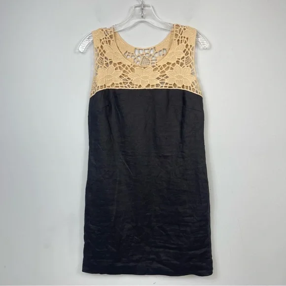 NWT LOFT Black Linen Shift Mini Dress Beige Crochet Lace Floral Neck Color Block - Picture 2 of 13